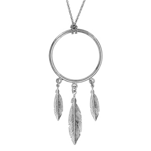 Collier en argent rhodié chaîne avec pendentif anneau avec 3 plumes suspendues - longueur 47cm - Vue 1