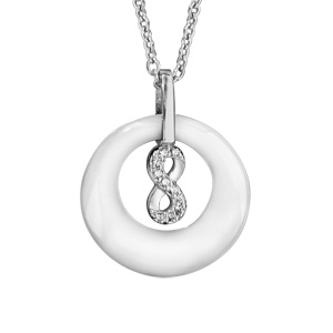 Collier en argent rhodié chaîne avec pendentif anneau en céramique blanche avec infini en oxydes blancs sertis suspendu à l\'intérieur - longueur 42cm + 3cm de rallonge - Vue 1