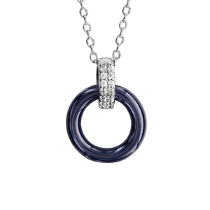 Collier en argent rhodi chane avec pendentif anneau en cramique bleu marine suspendue  1 anneau orn d\'oxydes blancs sertis - longueur 40cm + 5cm de rallonge - Vue 1