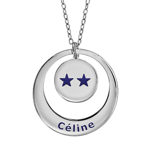 Collier en argent rhodié chaîne avec pendentif anneau et médaille à graver - Champions du monde 2 étoiles avec gravure prénom - Vue 1