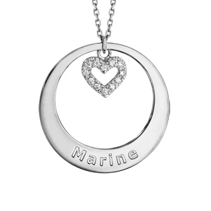 Collier en argent rhodié chaîne avec pendentif anneau à graver et coeur orné d\'oxydes blancs sertis suspendu au milieu - longueur 42cm + 3cm de rallonge - Vue 1