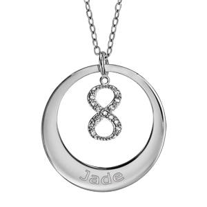 Collier en argent rhodié chaîne avec pendentif anneau à graver et symbole infini orné d\'oxydes blancs sertis suspendu au milieu - longueur 40cm + 5cm de rallonge - Vue 1