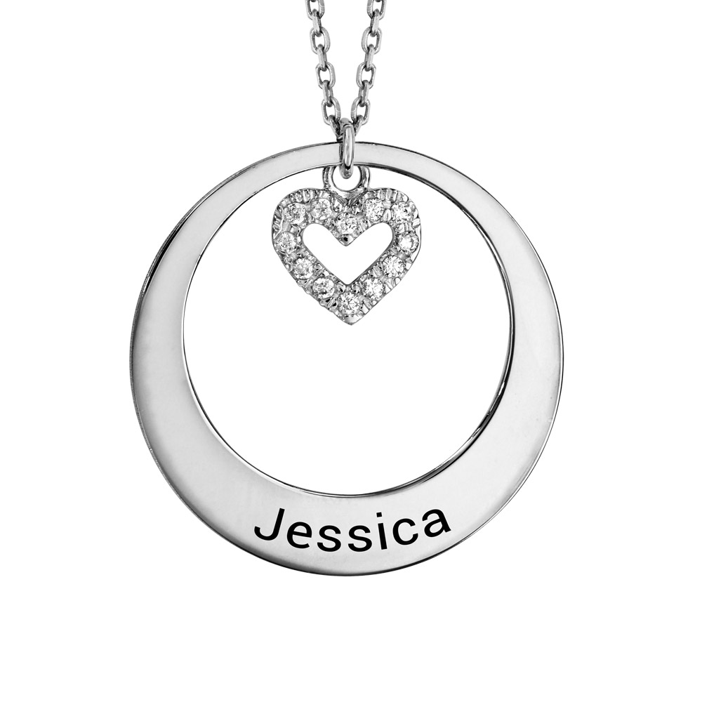 Collier en argent rhodi chane avec pendentif anneau prnom  graver et coeur d\'oxydes blancs suspendu - longueur 40cm + 5cm de rallonge - Vue 1