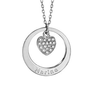 Collier en argent rhodi chane avec pendentif anneau prnom  graver et coeur suspendu - longueur 40cm + 5cm de rallonge - Vue 1