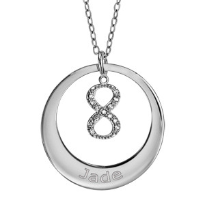Collier en argent rhodi chane avec pendentif anneau prnom  graver et symbole infini orn d\'oxydes blancs sertis suspendu au milieu  - longueur 40cm + 5cm de rallonge - Vue 1