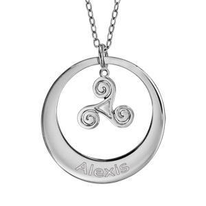 Collier en argent rhodié chaîne avec pendentif anneau prénom à graver et triskel suspendu au milieu - longueur 40cm + 5cm de rallonge - Vue 1