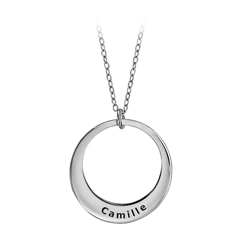 Collier en argent rhodi� cha�ne avec pendentif 1 anneau pr�nom � graver - longueur 40cm + 5cm de rallonge - Vue 1