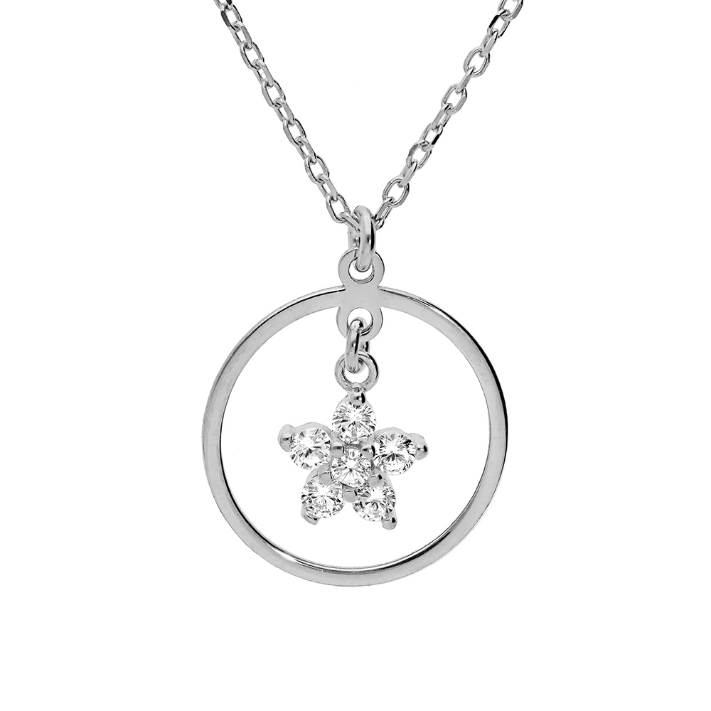 Collier en argent rhodi� cha�ne avec pendentif anneau suspendu et �toile en oxydes blancs 40+5cm - Vue 1