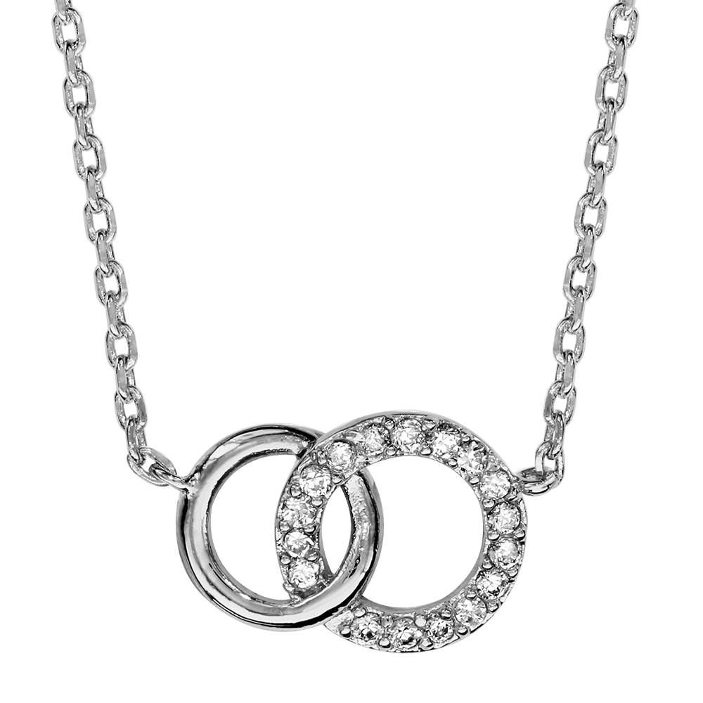 Collier en argent rhodi chane avec pendentif 2 anneaux de taille diffrente emmaills, 1 gros orn d\'oxydes blancs et le petit lisse - longueur 40cm + 2cm de rallonge - Vue 1