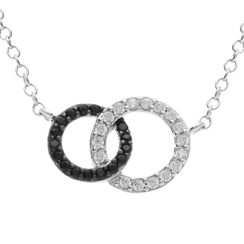 Collier en argent rhodi� cha�ne avec pendentif 2 anneaux de taille diff�rente emmaill�s, 1 gros orn� d\'oxydes blancs et le petit orn� d\'oxydes noirs - longueur 40cm + 2cm de rallonge - Vue 1