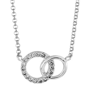 Collier en argent rhodi chane avec pendentif 2 anneaux de taille diffrente emmaills, 1 gros orn d\'oxydes blancs et le petit lisse - longueur 40cm + 2cm de rallonge - Vue 1
