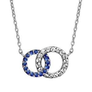 Collier en argent rhodi chane avec pendentif 2 anneaux de taille diffrente emmaills, 1 gros orn d\'oxydes blancs et le petit orn d\'oxydes bleus foncs - longueur 40cm + 2cm de rallonge - Vue 1