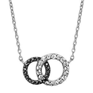 Collier en argent rhodi chane avec pendentif 2 anneaux de taille diffrente emmaills, 1 gros orn d\'oxydes blancs et le petit orn d\'oxydes noirs - longueur 40cm + 2cm de rallonge - Vue 1