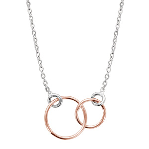 Collier en argent rhodi chane avec pendentif 2 anneaux dors roses emmaills - longueur 40cm + 5cm de rallonge - Vue 1