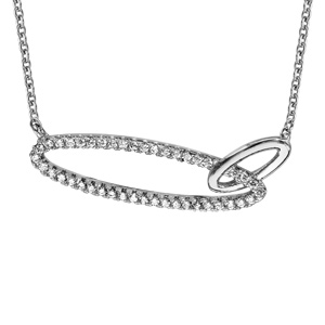 Collier en argent rhodié chaîne avec pendentif 2 anneaux ovales emmaillés, 1 lisse et l\'autre en oxydes blancs - longueur 40cm + 4cm de rallonge - Vue 1