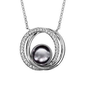 Collier en argent rhodi chane avec pendentif 2 anneaux superposs dont 1 lisse et l\'autre orn d\'oxydes blancs sertis et avec 1 perle grise synthtique au milieu - longueur 40cm + 4cm de rallonge - Vue 1