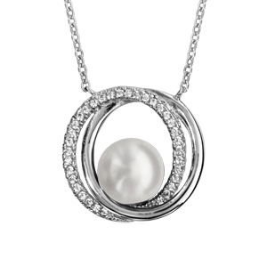 Collier en argent rhodi chane avec pendentif 2 anneaux superposs dont 1 lisse et l\'autre orn d\'oxydes blancs sertis et avec 1 perle blanche synthtique au milieu - longueur 40cm + 4cm de rallonge - Vue 1