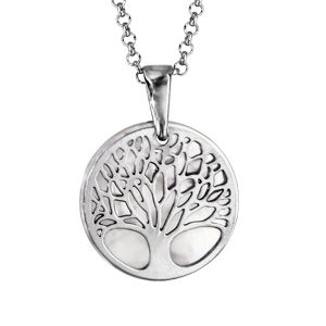 Collier en argent rhodi chane avec pendentif arbre de vie ajour fond nacre blanche vritable - longueur 40+5cm - Vue 1