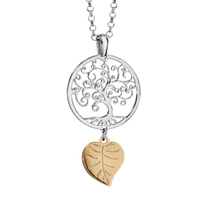 Collier en argent rhodi chane avec pendentif arbre de vie avec feuille dore suspendue - longueur 42cm + 3cm de rallonge - Vue 1