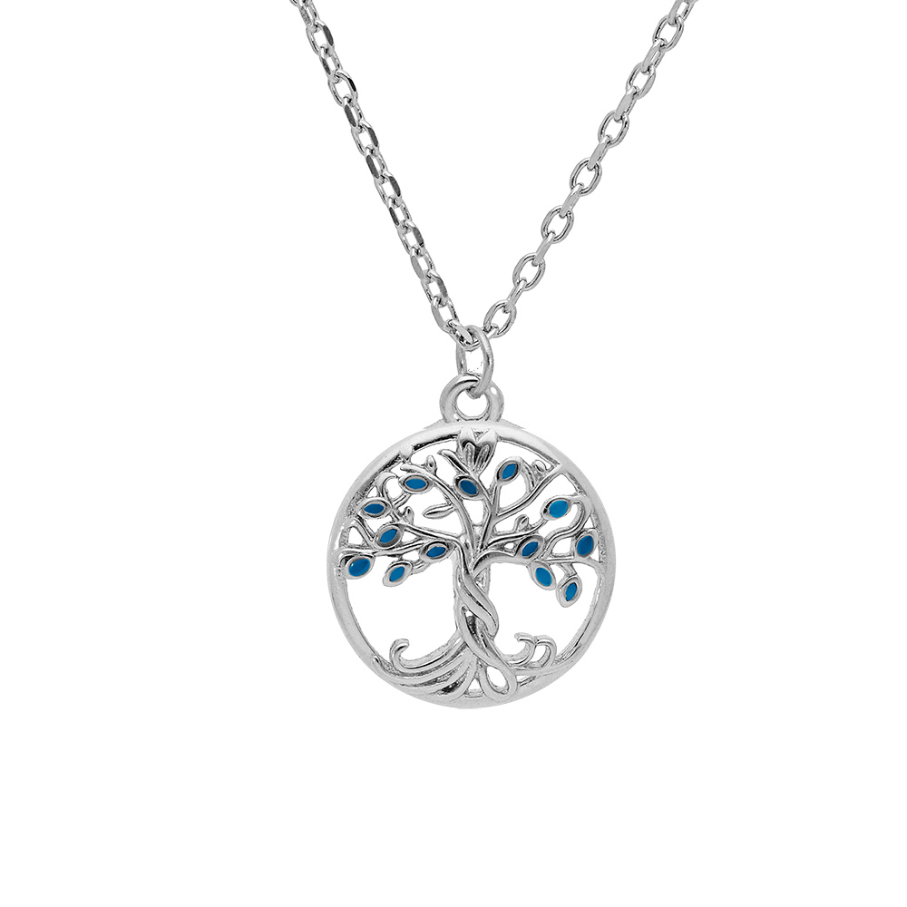 Collier en argent rhodi� cha�ne avec pendentif arbre de vie couleur bleue 40+4cm - Vue 1