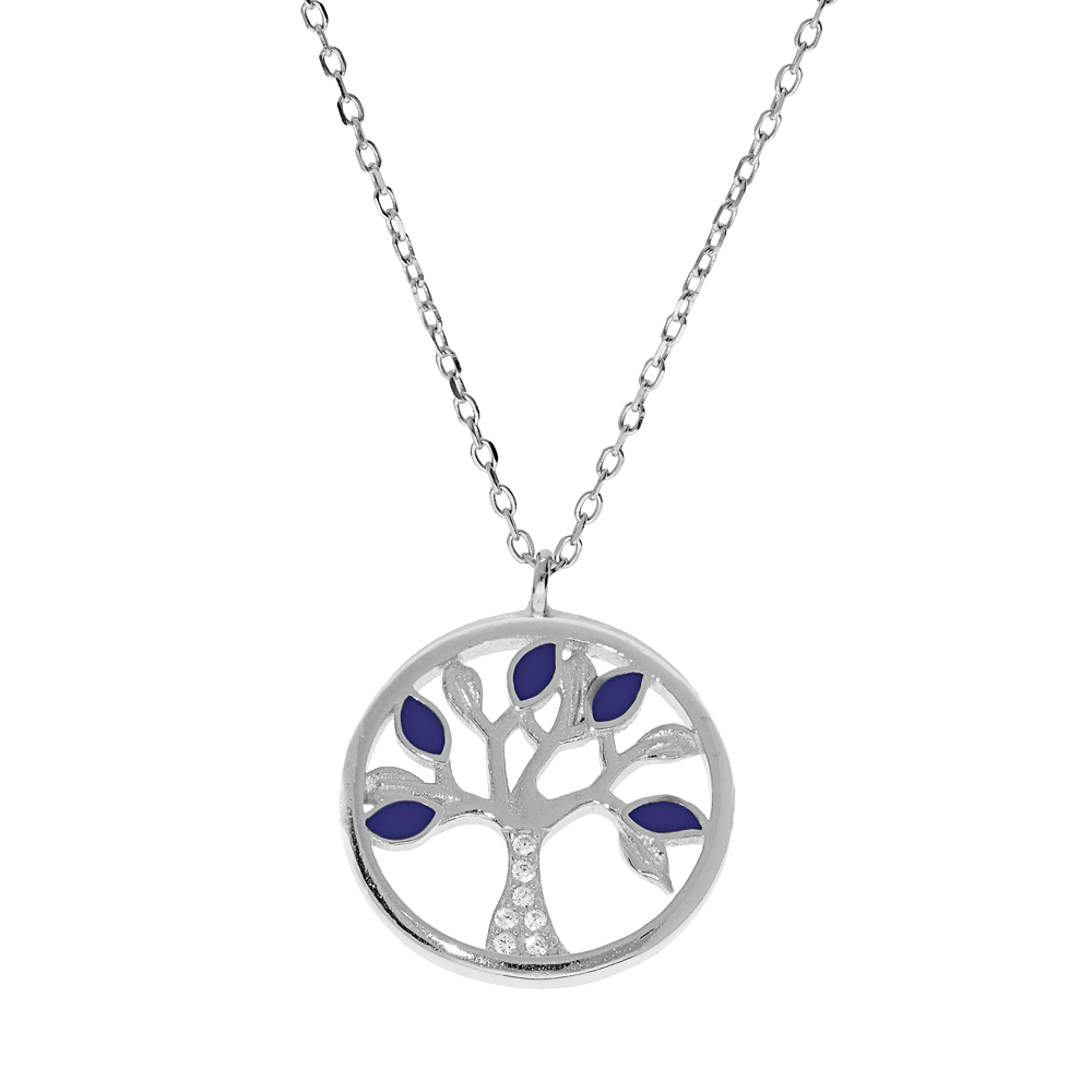 Collier en argent rhodi� cha�ne avec pendentif arbre de vie couleur bleue et oxydes blancs 40+5cm - Vue 1