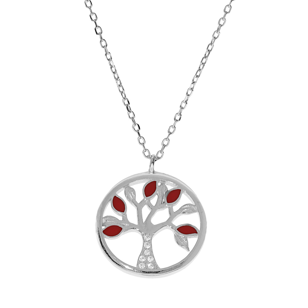 Collier en argent rhodi� cha�ne avec pendentif arbre de vie couleur rouge et oxydes blancs 40+5cm - Vue 1