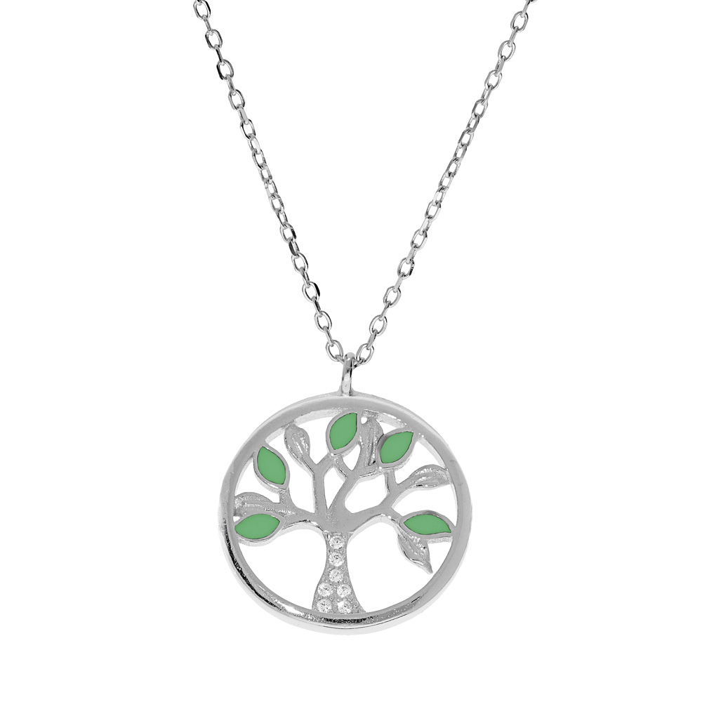 Collier en argent rhodi� cha�ne avec pendentif arbre de vie couleur vert et oxydes blancs 40+5cm - Vue 1