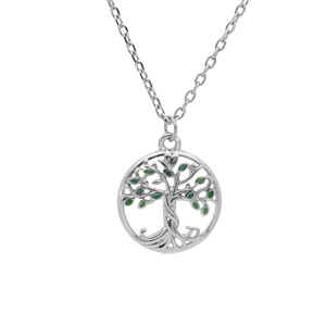 Collier en argent rhodi chane avec pendentif arbre de vie couleur verte 40+4cm - Vue 1