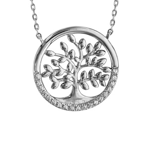 Collier en argent rhodi chane avec pendentif arbre de vie dans cercle orn d\'oxydes blancs sertis - longueur 40+5cm - Vue 1