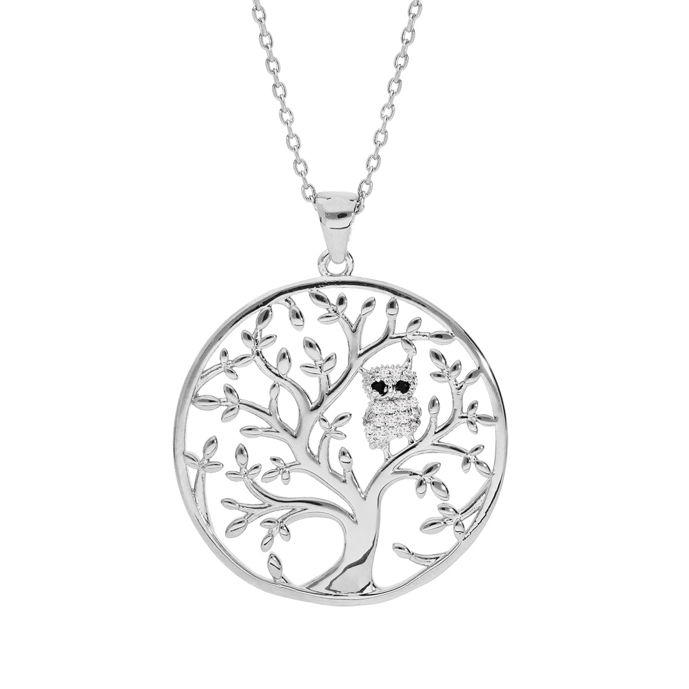 Collier en argent rhodi� cha�ne avec pendentif arbre de vie et chouette empierr�e 40+5cm - Vue 1