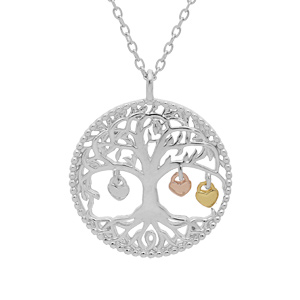 Collier en argent rhodi chane avec pendentif arbre de vie et pampilles 3 coeurs dors (couple famille) 44cm rglable 42 et 40 - Vue 1
