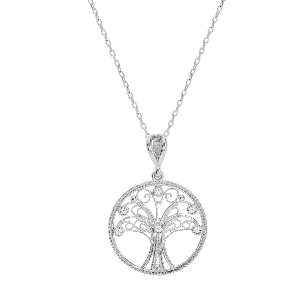 Collier en argent rhodi� cha�ne avec pendentif arbre de vie filigrane et oxydes blancs sertis 40+5cm - Vue 1