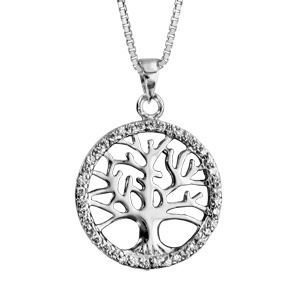 Collier en argent rhodi chane avec pendentif arbre de vie  l\'intrieur d\'1 cercle orn d\'oxydes blancs sertis - longueur 42cm + 3cm de rallonge - Vue 1