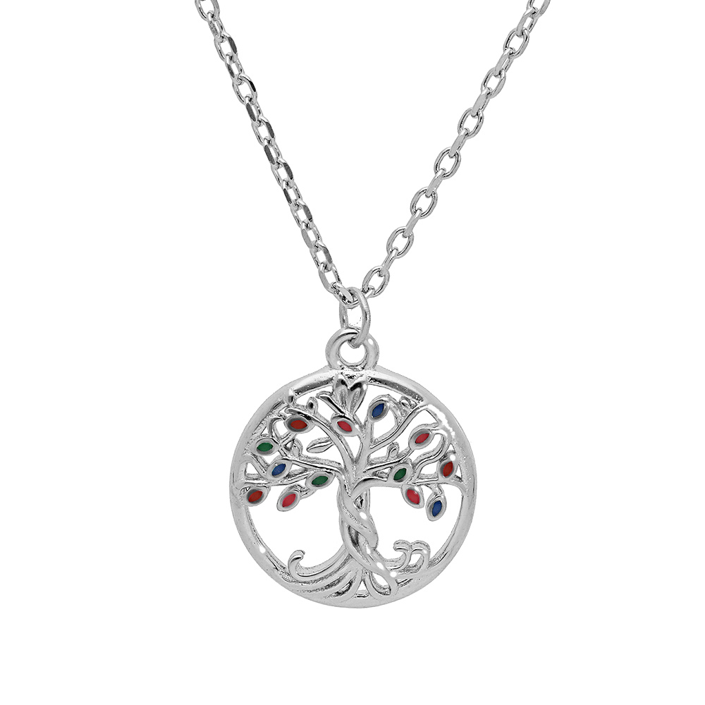 Collier en argent rhodi� cha�ne avec pendentif arbre de vie multi couleurs 40+4cm - Vue 1