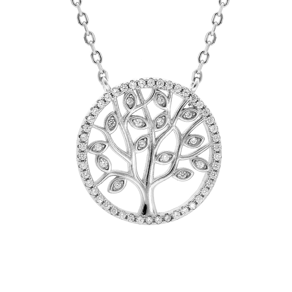 Collier en argent rhodi� cha�ne avec pendentif arbre de vie oxydes blancs et contour oxydes blancs sertis 40+3cm - Vue 1