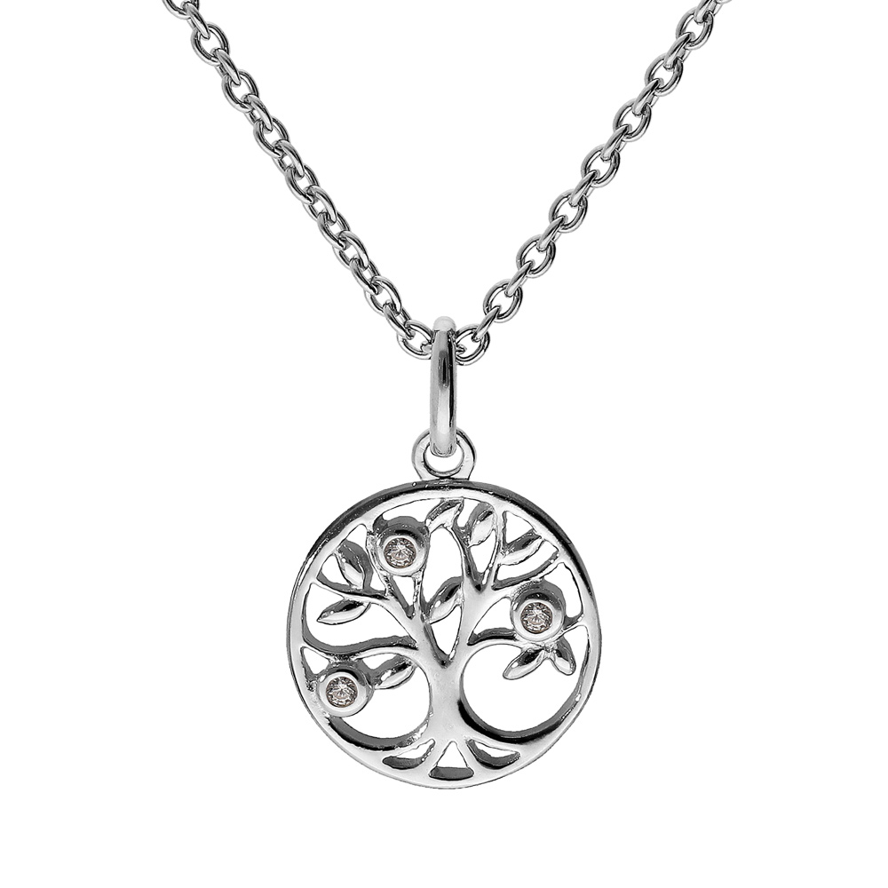 Collier en argent rhodi� cha�ne avec pendentif arbre de vie oxydes blancs sertis 42+3cm - Vue 1