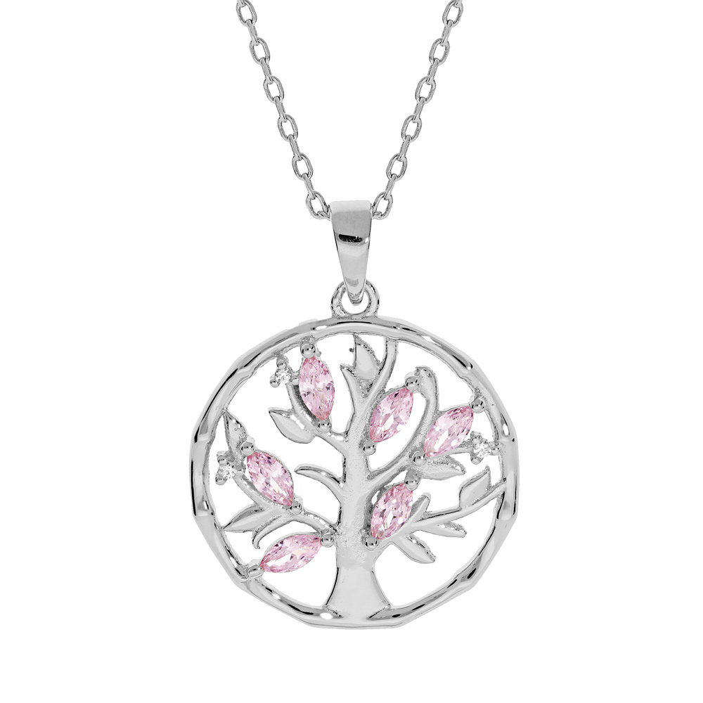 Collier en argent rhodi� cha�ne avec pendentif arbre de vie oxydes et oxydes roses clairs 40+4cm - Vue 1