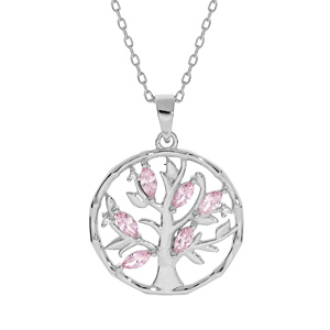 Collier en argent rhodi chane avec pendentif arbre de vie oxydes et oxydes roses clairs 40+4cm - Vue 1