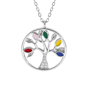 Collier en argent rhodi chane avec pendentif arbre de vie rsine multi couleurs et oxydes blancs 40+5cm - Vue 1