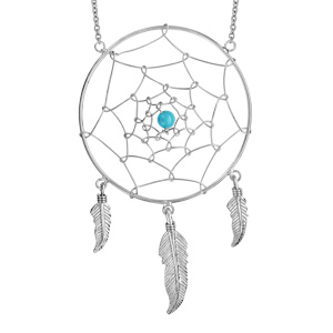 Collier en argent rhodié chaîne avec pendentif attrape rêve avec 1 boule turquoise au centre et 3 plumes suspendues - longueur 60cm - Vue 1