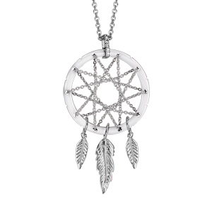 Collier en argent rhodié chaîne avec pendentif attrape rêve avec tour en céramique blanche, milieu en chaînettes et 3 plumes suspendues - longueur 42cm + 3cm de rallonge - Vue 1