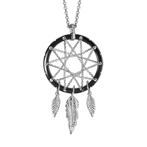 Collier en argent rhodié chaîne avec pendentif attrape rêve avec tour en céramique noire, milieu en chaînettes et 3 plumes suspendues - longueur 42cm + 3cm de rallonge - Vue 1