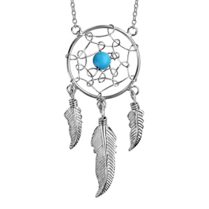 Collier en argent rhodi chane avec pendentif attrape rve de 18mm avec 1 boule turquoise au centre et 3 plumes suspendues - longueur 40cm + 5cm de rallonge - Vue 1