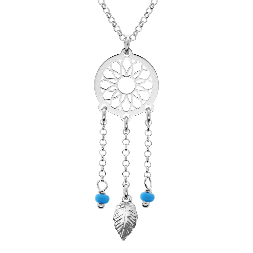 Collier en argent rhodi� cha�ne avec pendentif attrape r�ve et perles bleu ciel 38+5cm - Vue 1
