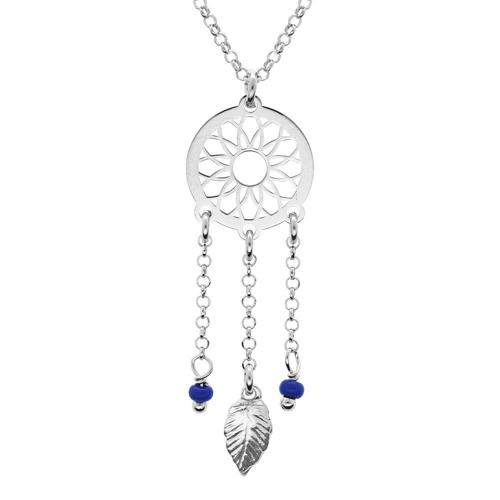 Collier en argent rhodi� cha�ne avec pendentif attrape r�ve et perles bleu fonc� 38+5cm - Vue 1