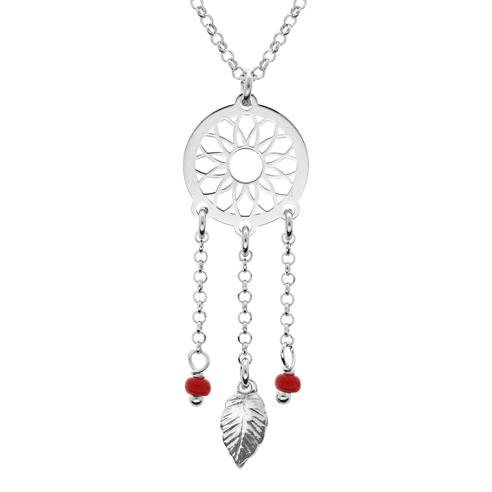 Collier en argent rhodi� cha�ne avec pendentif attrape r�ve et perles rouges 38+5cm - Vue 1
