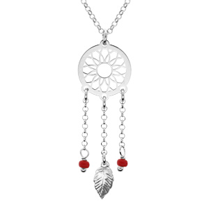 Collier en argent rhodi chane avec pendentif attrape rve et perles rouges 38+5cm - Vue 1