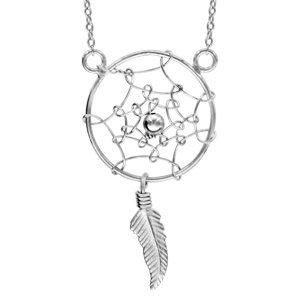 Collier en argent rhodié chaîne avec pendentif attrape rêves avec petite boule lisse au milieu et 1 plume suspendue - longueur 42cm + 3cm de rallonge - Vue 1