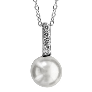 Collier en argent rhodi chane avec pendentif barrette d\'oxydes blancs avec perle blanche de synthse 40cm + 4cm - Vue 1