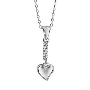 Collier en argent rhodi chane avec pendentif barrette d\'oxydes blancs sertis avec coeur lisse suspendu - longueur 40cm + 5cm de rallonge - Vue 1